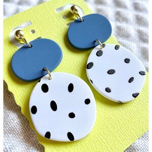 New Blue Black White Dalmatian Dot Round Retro 80s Style Matte Earrings - 2.25"
